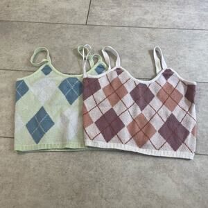 Altar’d State Crop Knit ArgyleTops Blue/Green Purple/Orange Cream Retro Small